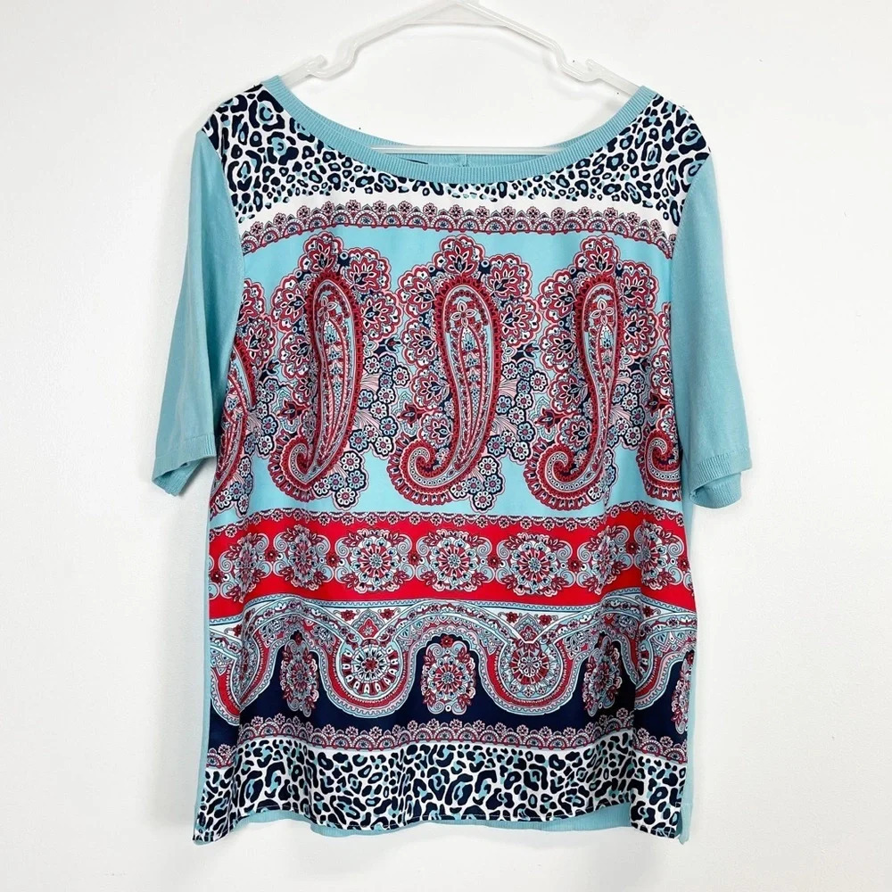Talbots Sweater Womens Size Large Blue Multicolor Paisley Short Sleeve